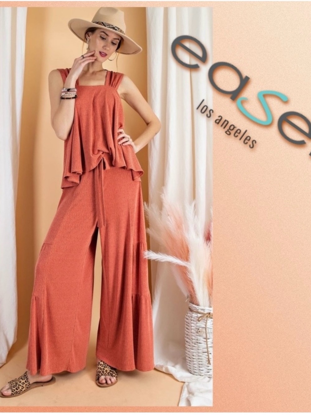 Easel Terra Cotta Wide-Leg PantSet